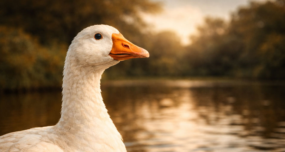 Witte gans bij een vijver in avondlicht
