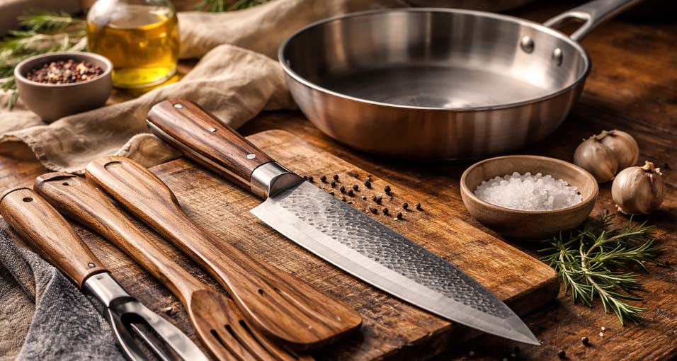 Hoogwaardig keukengerei op een houten werkblad met een scherp keukenmes, roestvrijstalen pan, houten spatels en kruiden