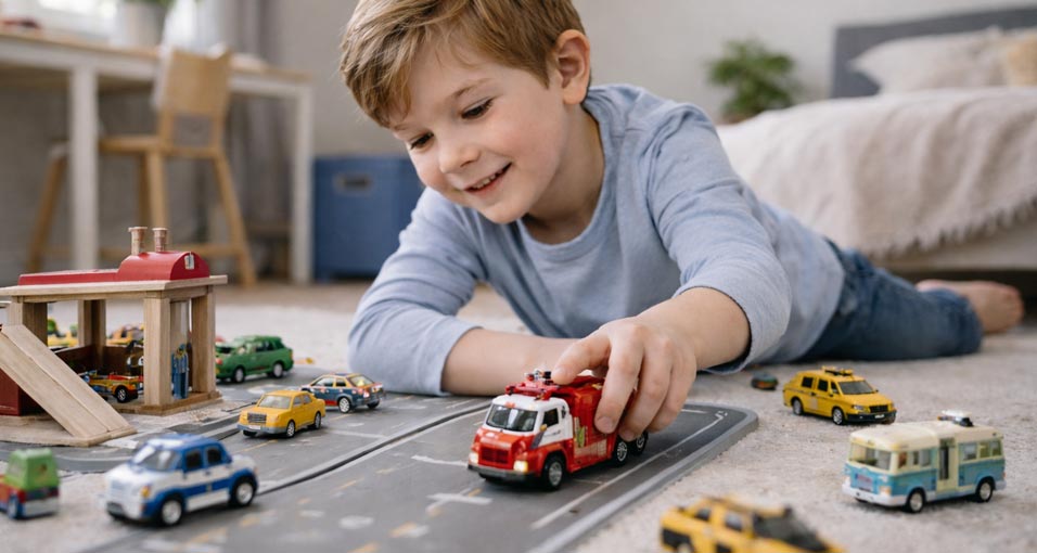 Jongen speelt met speelgoedauto's op de vloer in huis