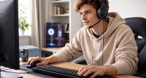 Persoon speelt een computerspel op een moderne computeropstelling