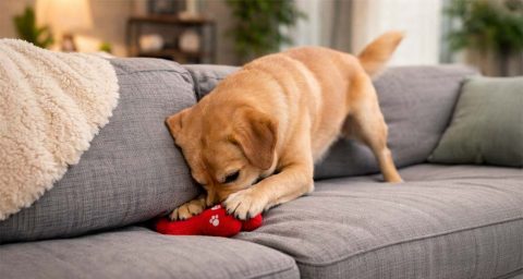 Hond verstopt zijn speelgoed tussen de kussens van de bank