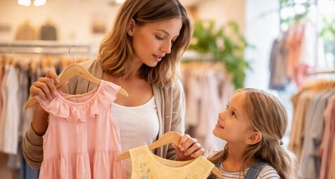 Moeder en kind twijfelen tussen twee jurken tijdens het winkelen voor kinderkleding
