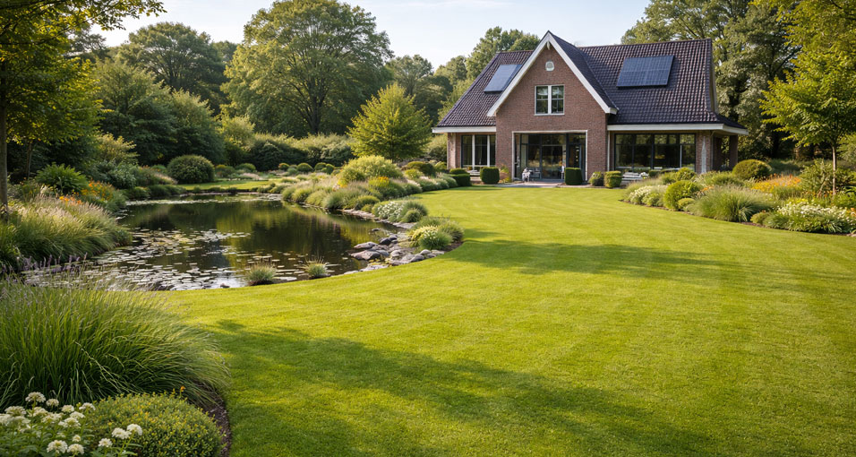 Ruime tuin met strak gemaaid gazon, vijver en vrijstaand huis
