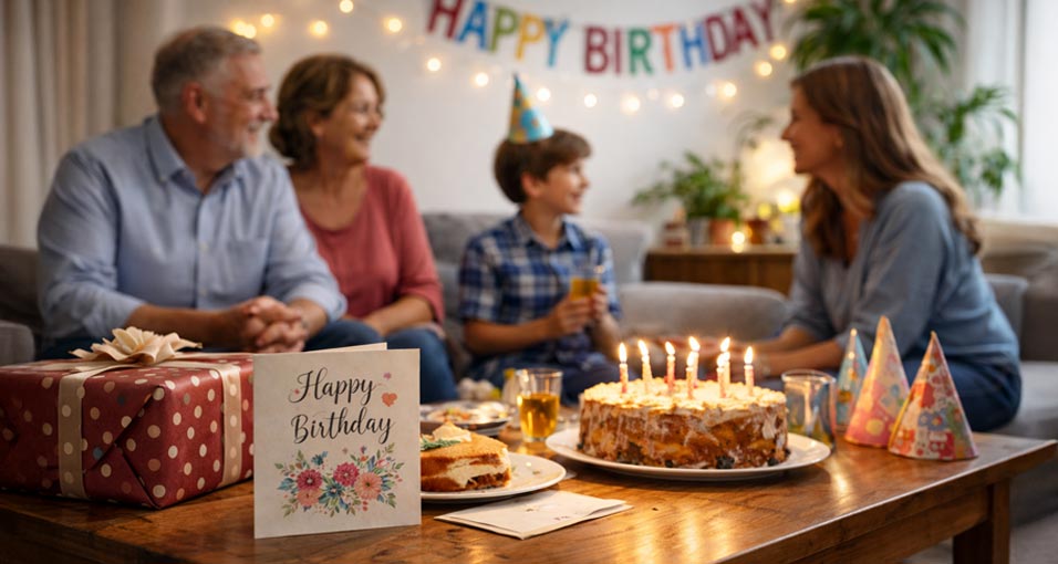 Familie viert een verjaardag thuis met taart, cadeaus en een verjaardagskaart op tafel, terwijl ze samen praten en lachen in een warme woonkamer