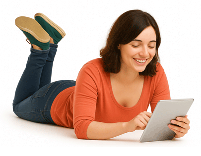 Webwinkelaar Vrouw ligt op buik met tablet, lachend.