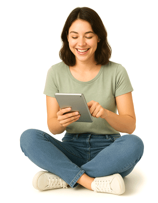 Vrouw zit en gebruikt tablet, glimlachend.