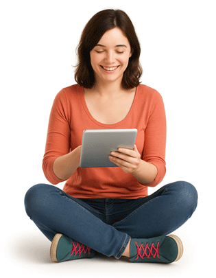 Vrouw zit en gebruikt tablet, glimlachend.